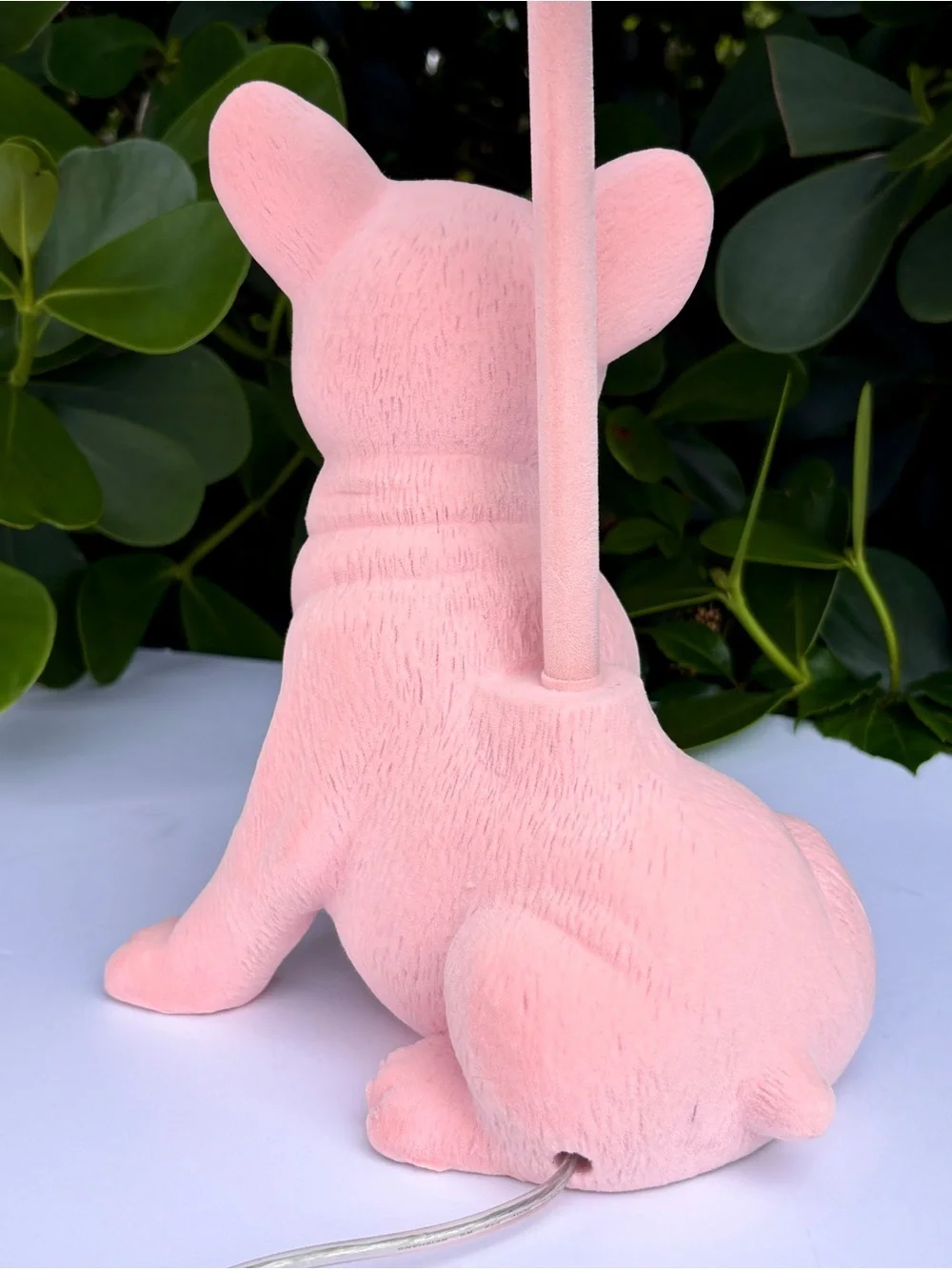 Pink Suede Frenchie French Bulldog Lamp Dog Puppy Velvet Fringe Shade (on left)